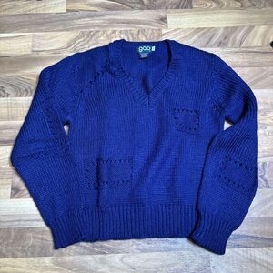 Vintage‎ GAP Chunky Knit V Neck Sweater 1970s Size Large Navy Blue